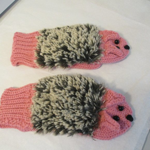 New Nip Pink Knit Furry Porcupine Mittens - Picture 3 of 4